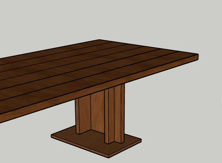 SketchUp model of a long plank-top table on a pedestal of vertical boards set in a cross, standing on a rectangular plinth.