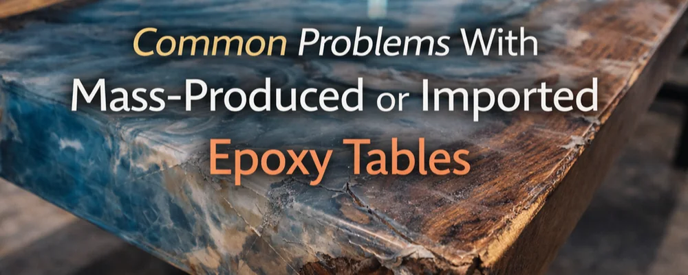 Damaged epoxy table showing cracks, delamination, and finish failure common in mass-produced or imported epoxy tables