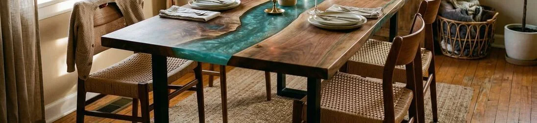 Custom epoxy dining table placed in a real dining room setting showing everyday use