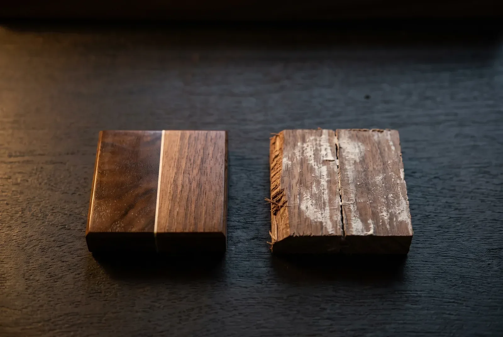Two hardwood offcuts side by side: one hand-finished with a clean glue line, one crudely machined with a gappy seam.