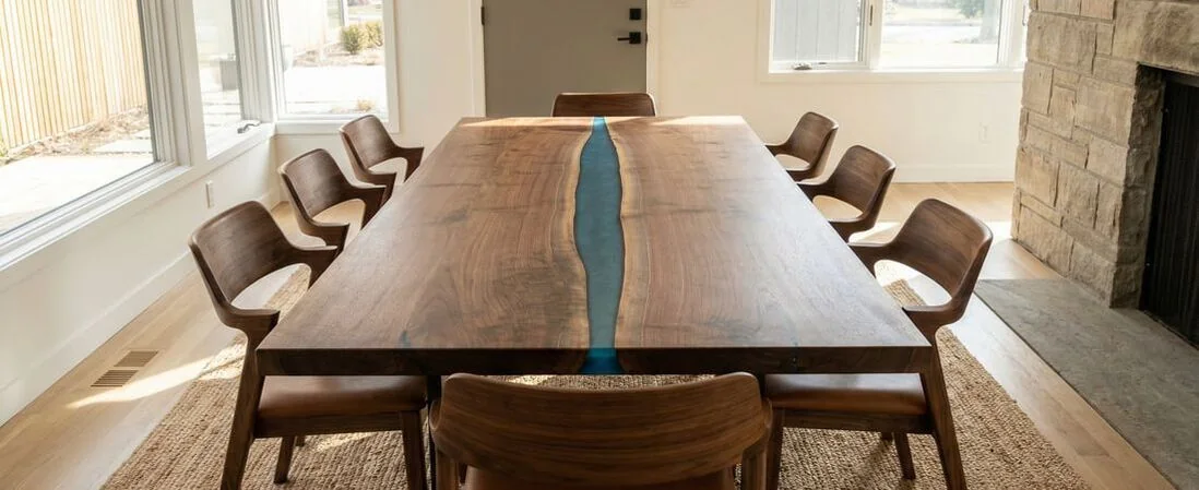 Rectangular epoxy dining room table made from walnut slabs with a subtle epoxy river