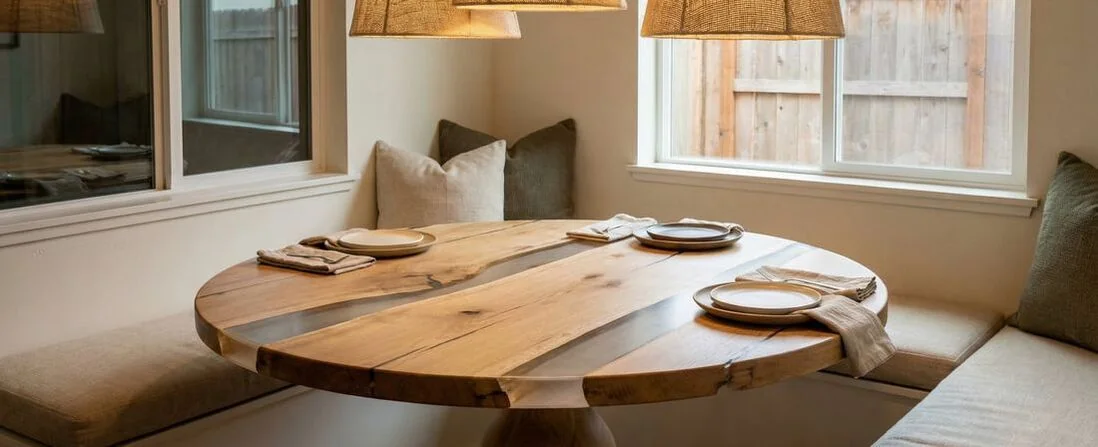 Round epoxy dining table featuring hardwood slabs stabilized with clear epoxy resin