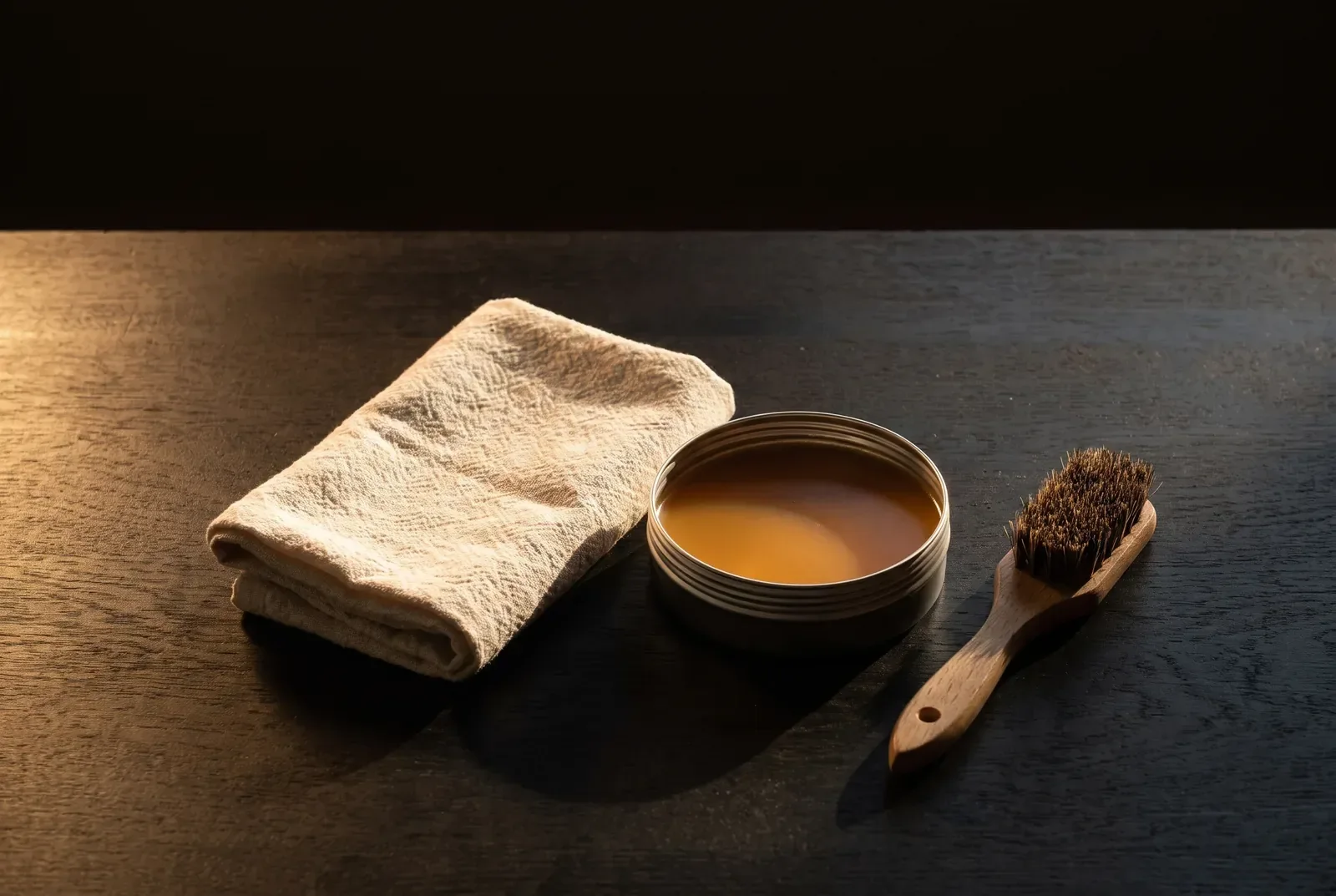 A folded cloth, an open tin of amber hard-wax oil and a bristle brush on a dark workbench.