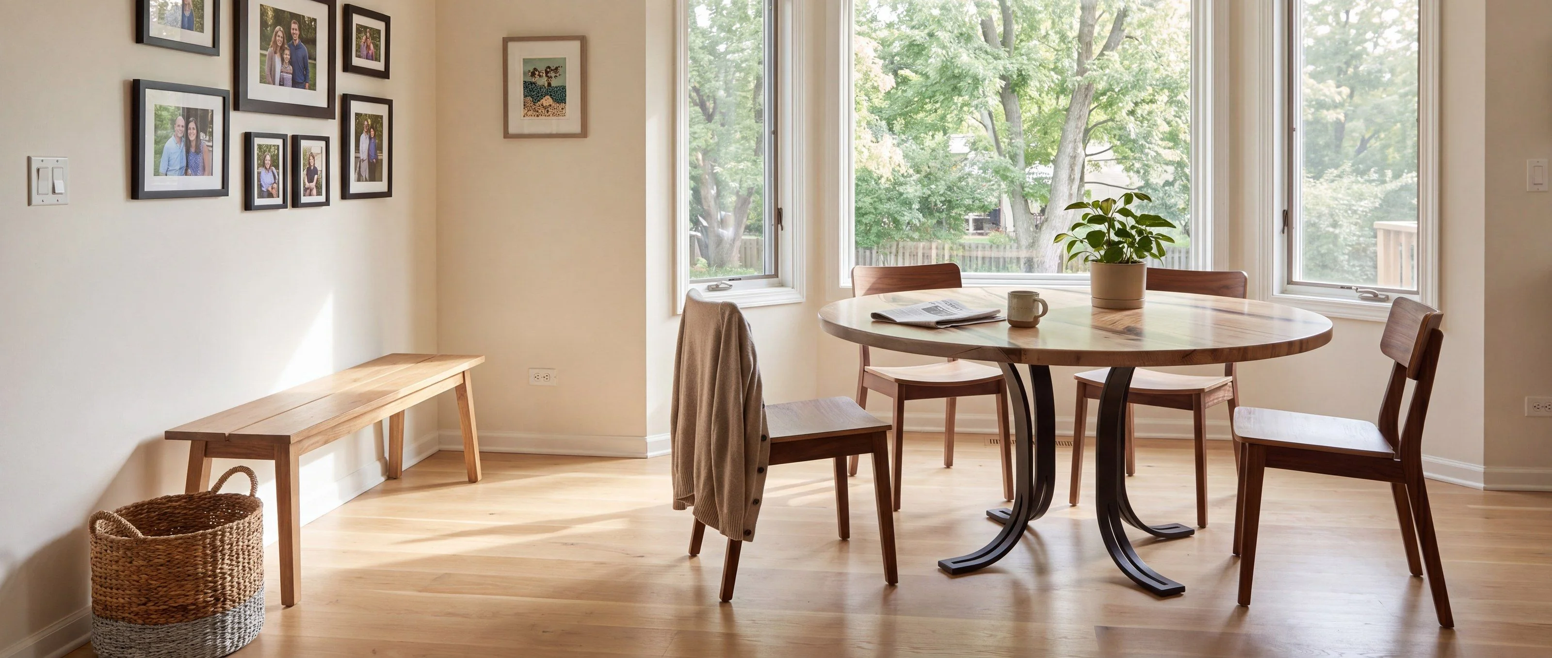 A rendering of a round figured-hardwood resin river table on curved black steel legs, in a breakfast nook by a bay window.