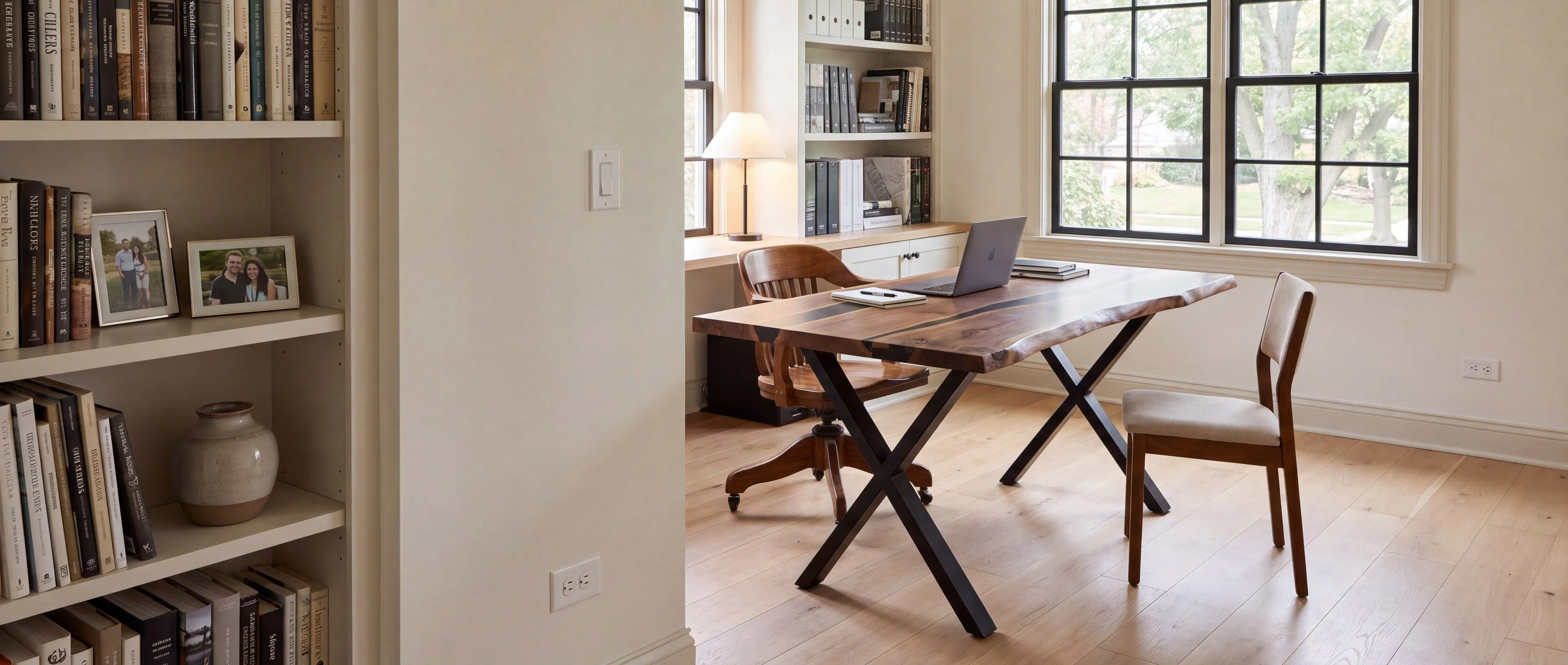 A rendering of a walnut table with thin resin streaks on black steel X legs, used as a desk in a home office.
