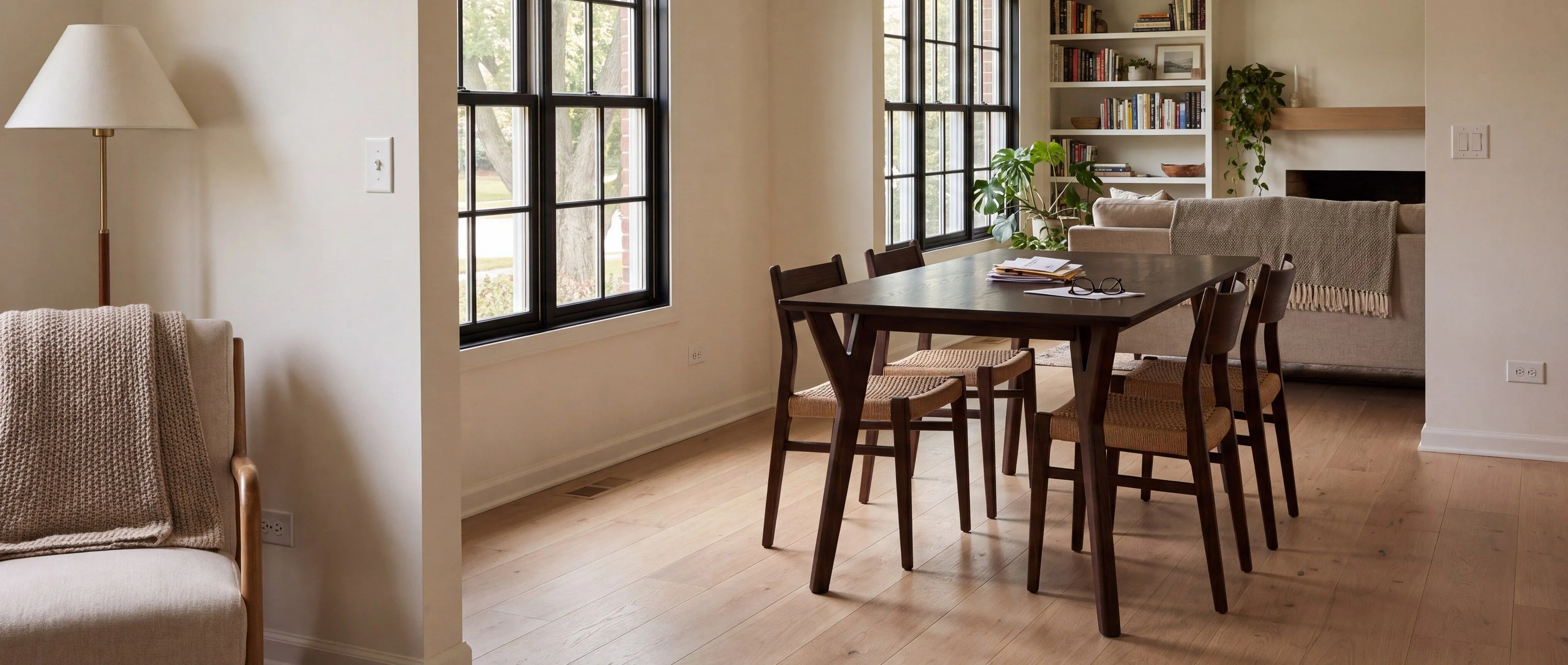 A rendering of a dark mid-century dining table on splayed legs with Y-shaped corner brackets, in an open-plan family room in daylight.