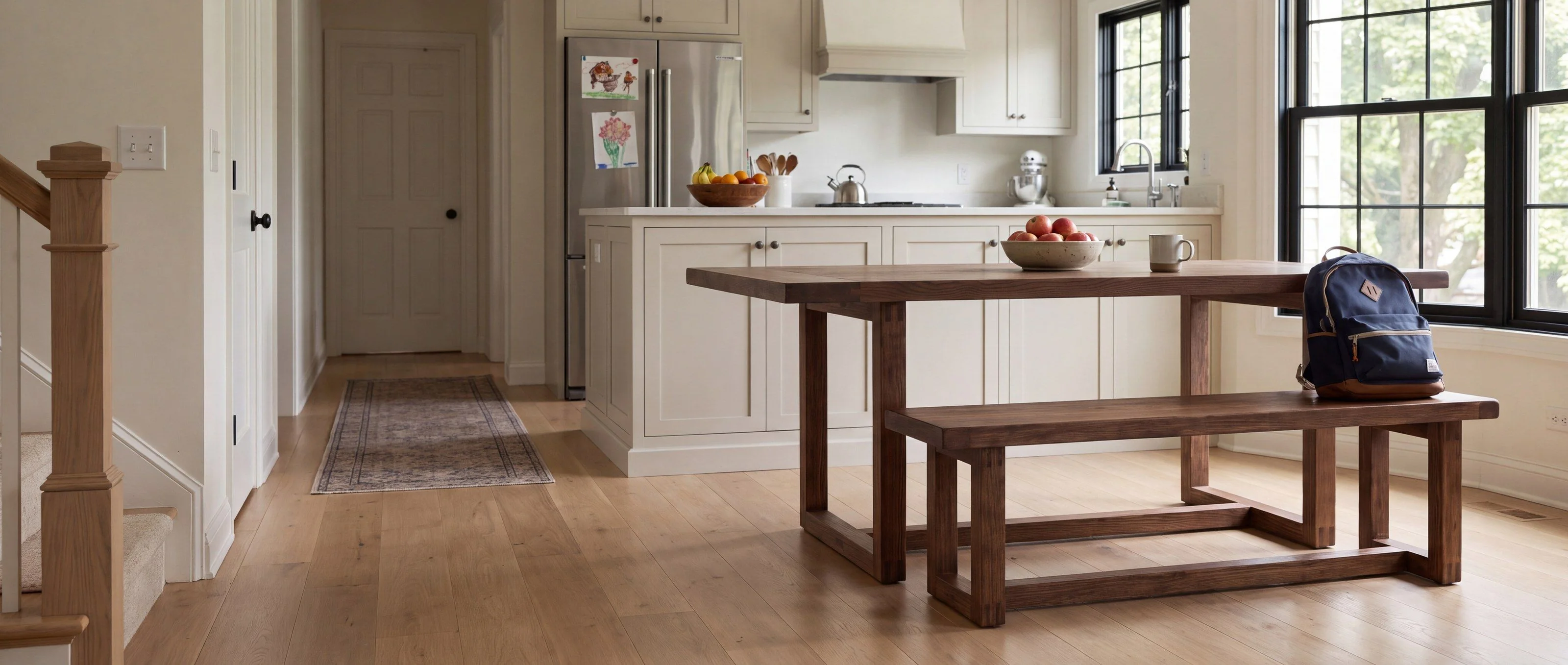 A rendering of a walnut dining table on open timber frames, with a matching bench and chairs, in a sunny eat-in kitchen.