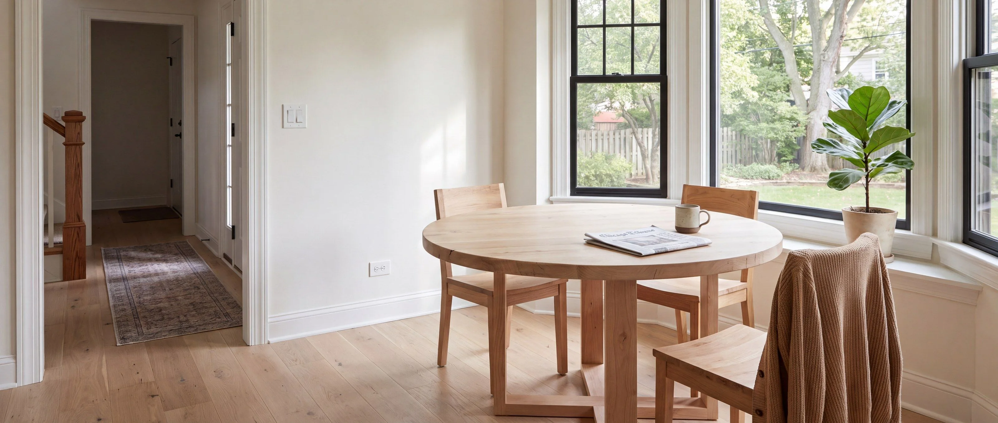 A rendering of a round pale wood table on an open-loop pedestal, in a breakfast nook by a bay window.