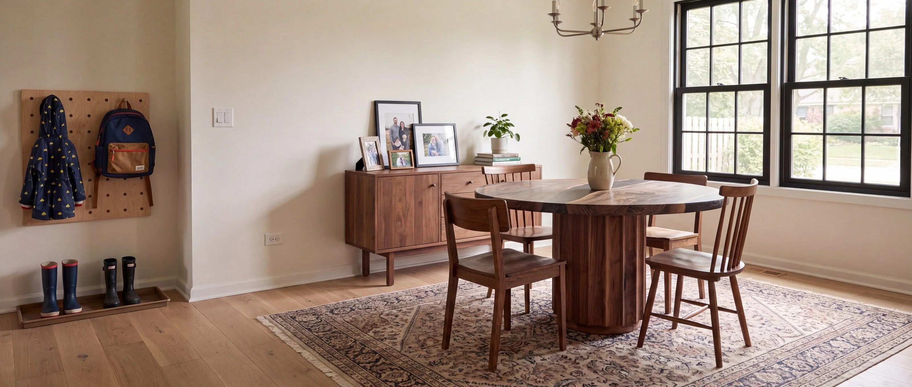 A rendering of a round walnut table with a black resin river on a fluted drum pedestal, in a family dining room in daylight.