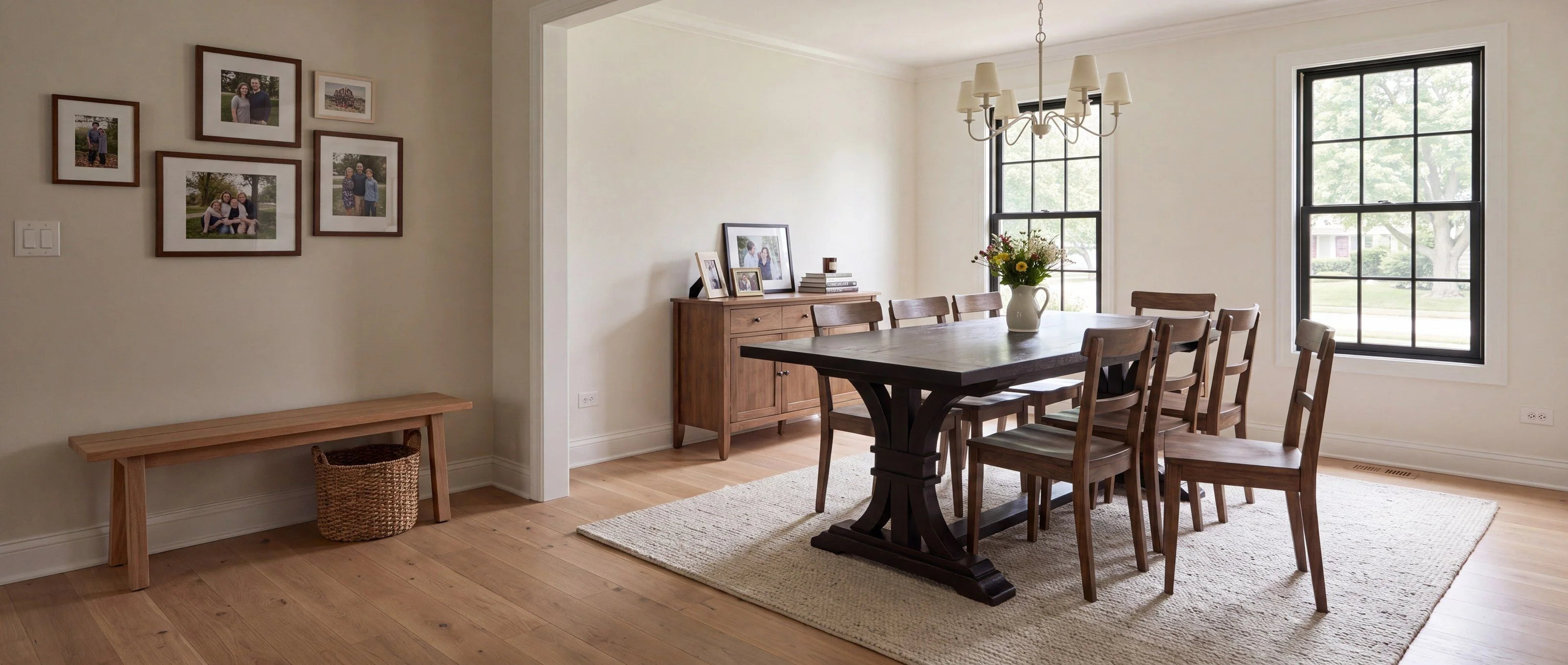 A rendering of an ebonized table on carved trestle pedestals with a stretcher, in a family dining room in daylight.