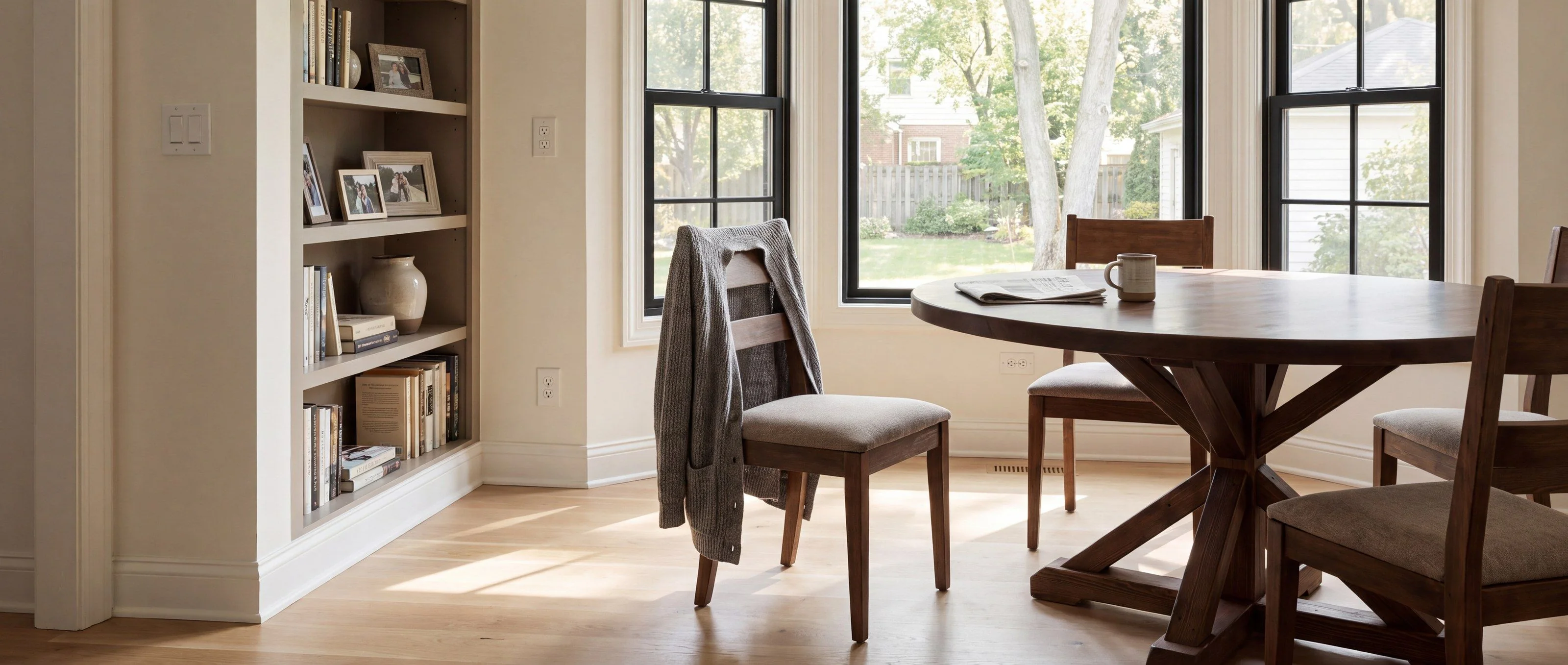 A rendering of a round walnut dining table on an X-braced trestle pedestal, in a breakfast nook by a bay window.