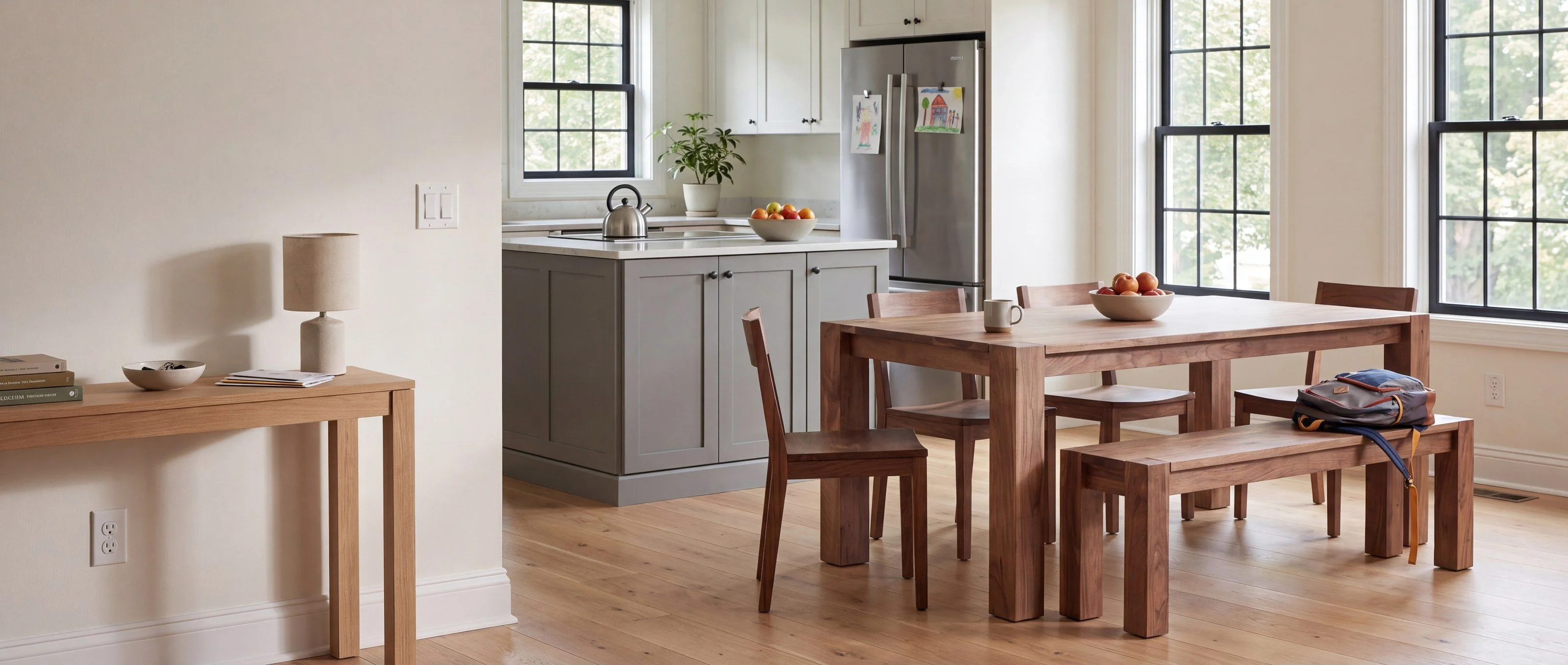 A rendering of a solid walnut parsons-style table and matching bench, in a sunny eat-in kitchen.