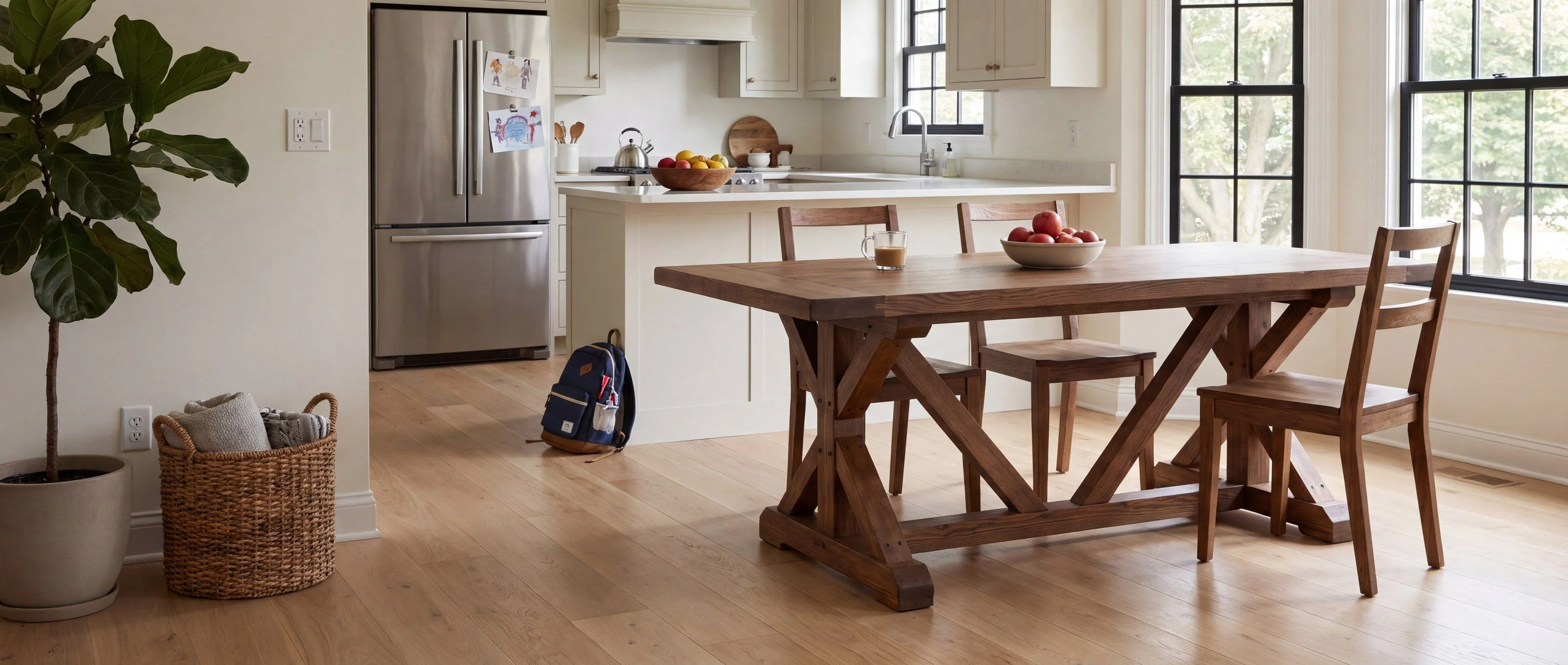 A rendering of a wood dining table on X-braced trestle ends joined by a stretcher, in a sunny eat-in kitchen.