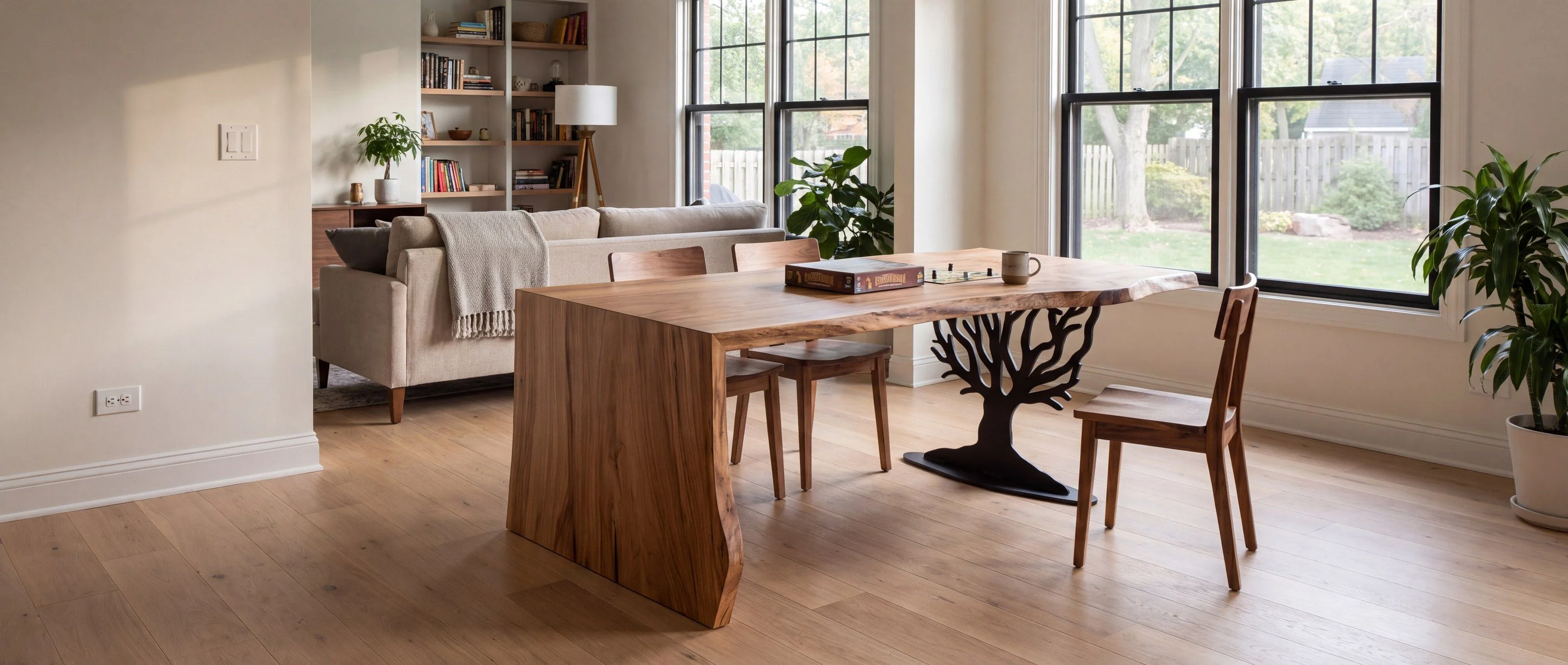 A rendering of a live-edge waterfall dining table on a black steel tree base, with wood chairs, in an open-plan family room in daylight.