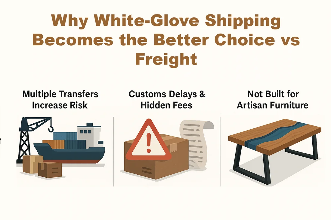 Illustration comparing shipping risks: a cargo ship and port crane, a damaged box with a customs warning, and a river table on a steel base.