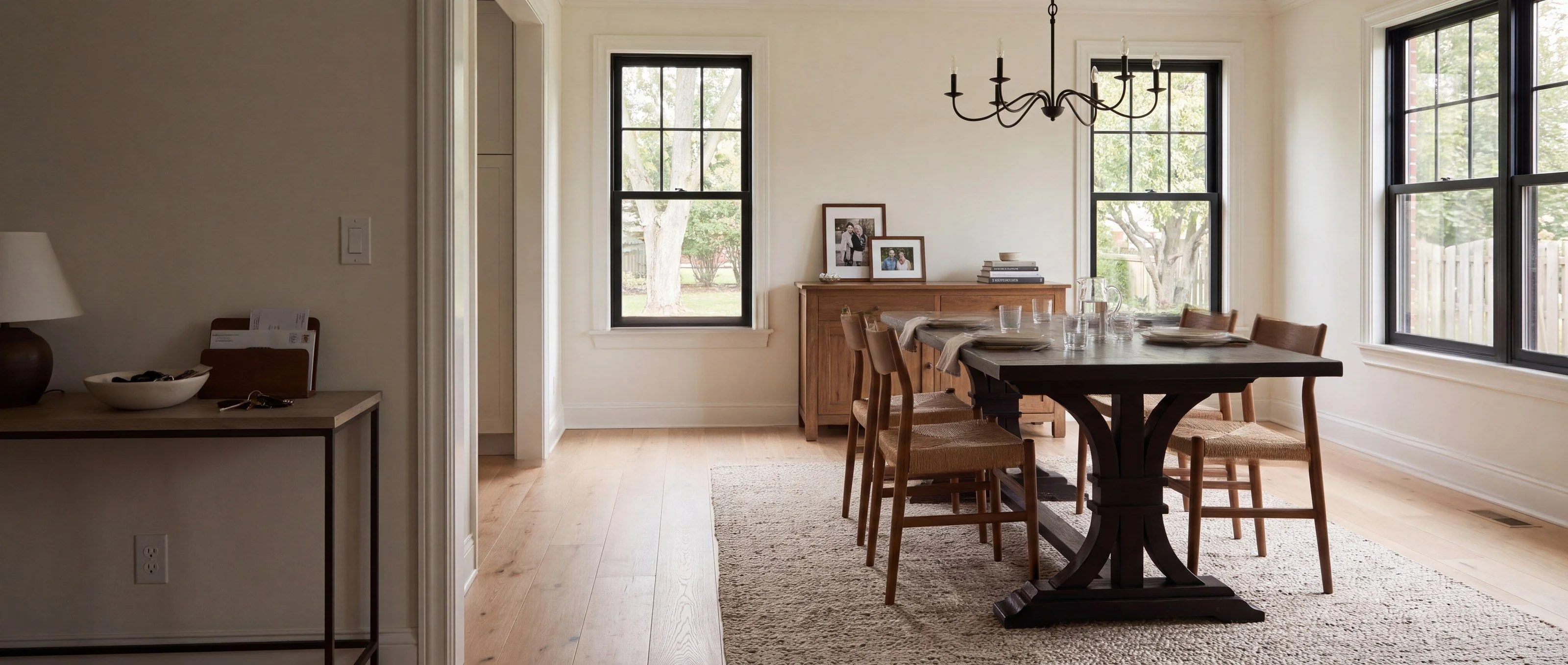 A rendering of the Regal trestle dining table, one of Rob's pieces, in a family dining room in daylight, set for dinner.
