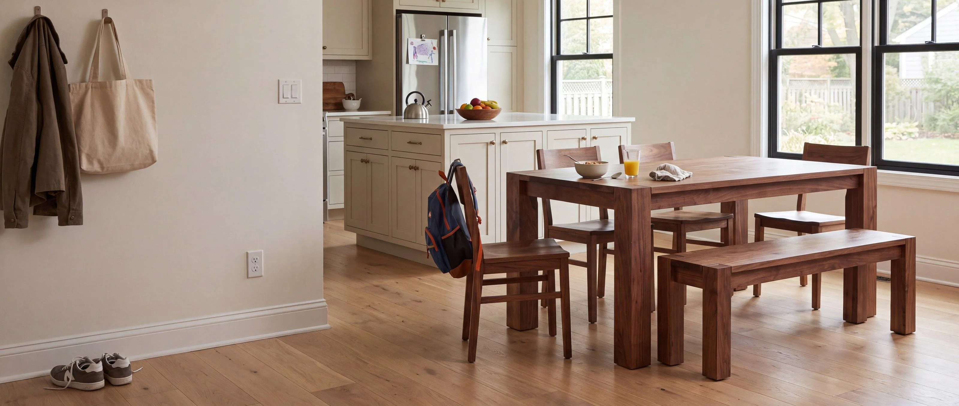 A rendering of a solid walnut dining table with a matching bench, one of Rob's pieces, in a sunny eat-in kitchen.
