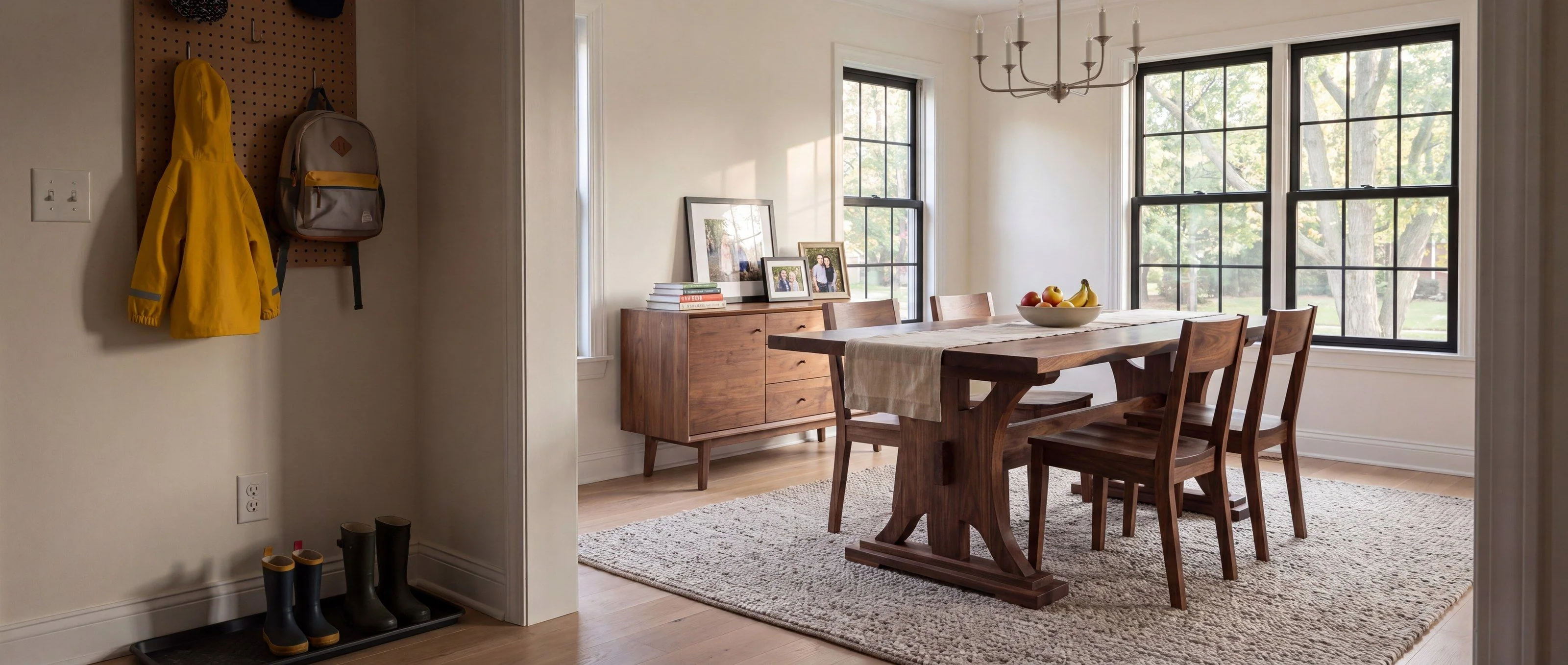 A rendering of the Regal Arc trestle dining table, one of Rob's pieces, in a family dining room in daylight.