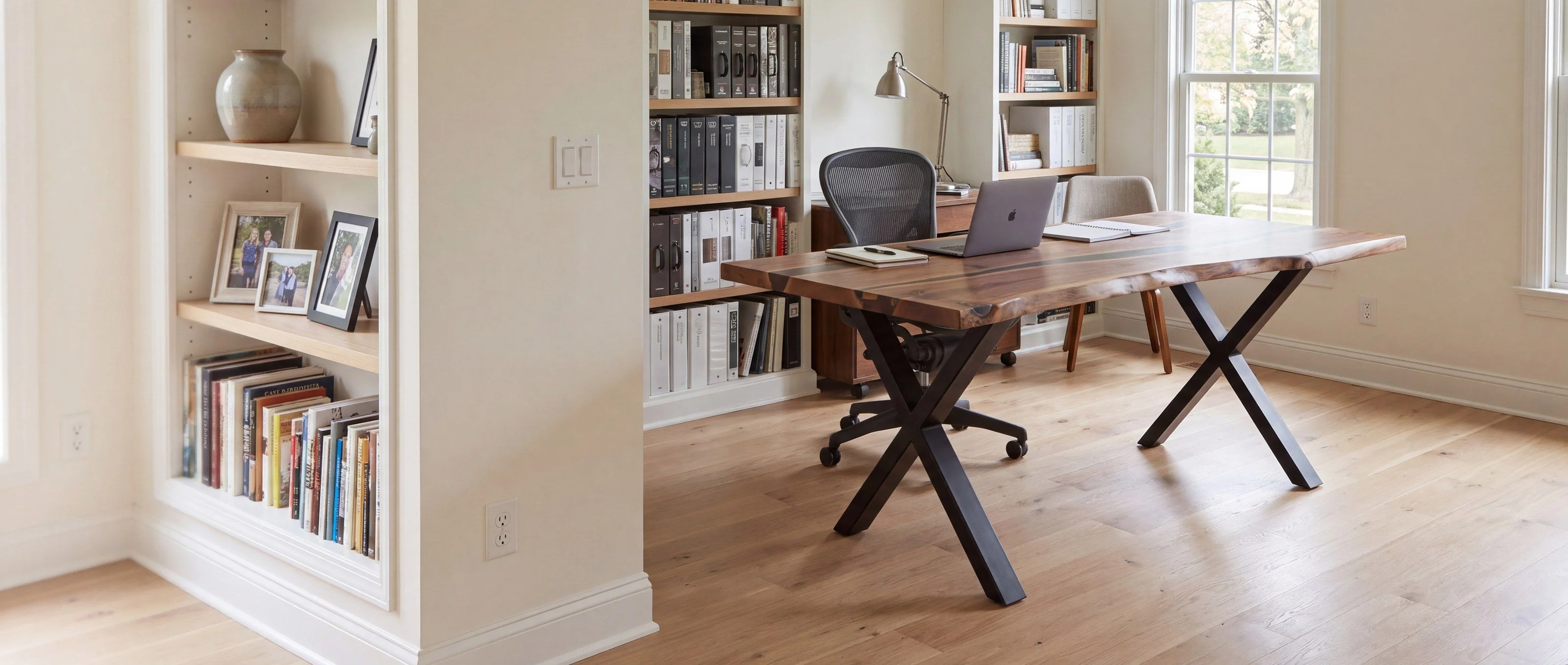 A rendering of a live-edge dining table on black steel X legs, one of Rob's pieces, used as a desk in a home office.