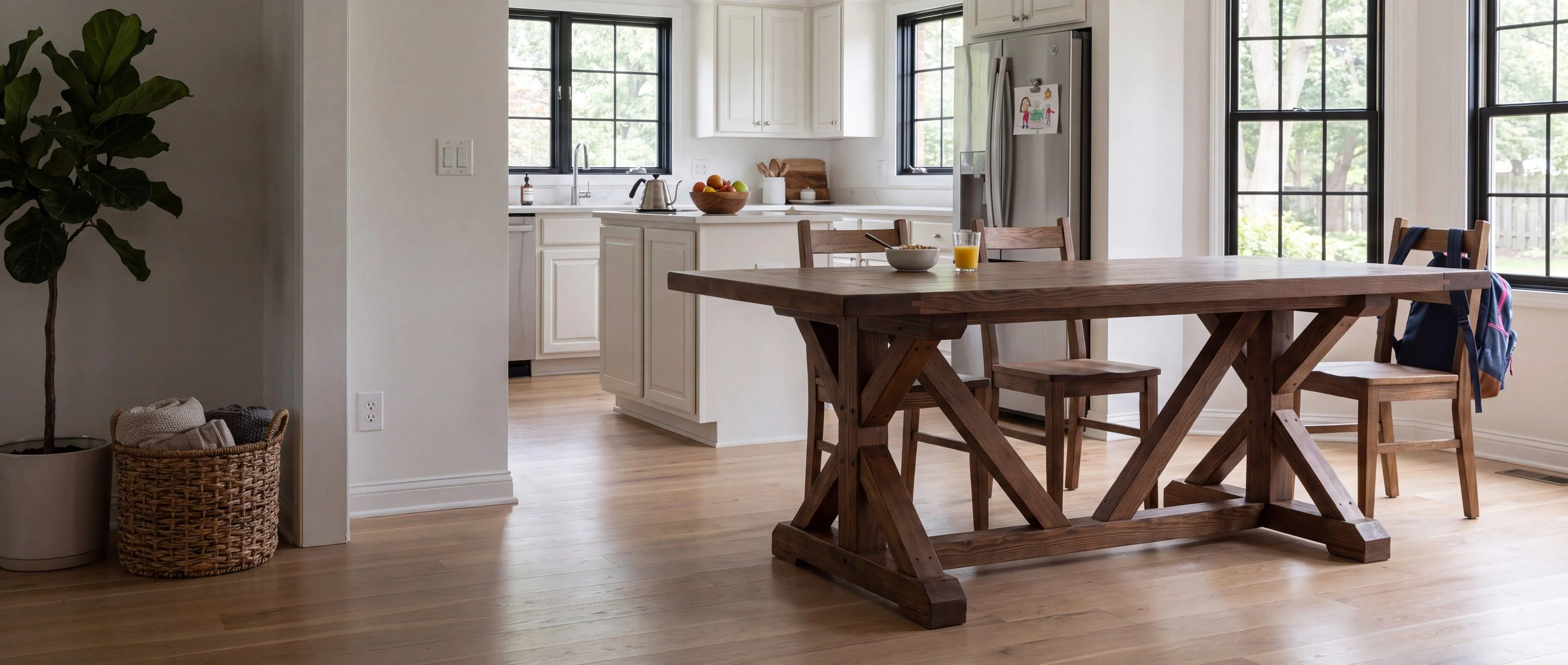 A rendering of an X-based trestle dining table, one of Rob's pieces, in a sunny eat-in kitchen.