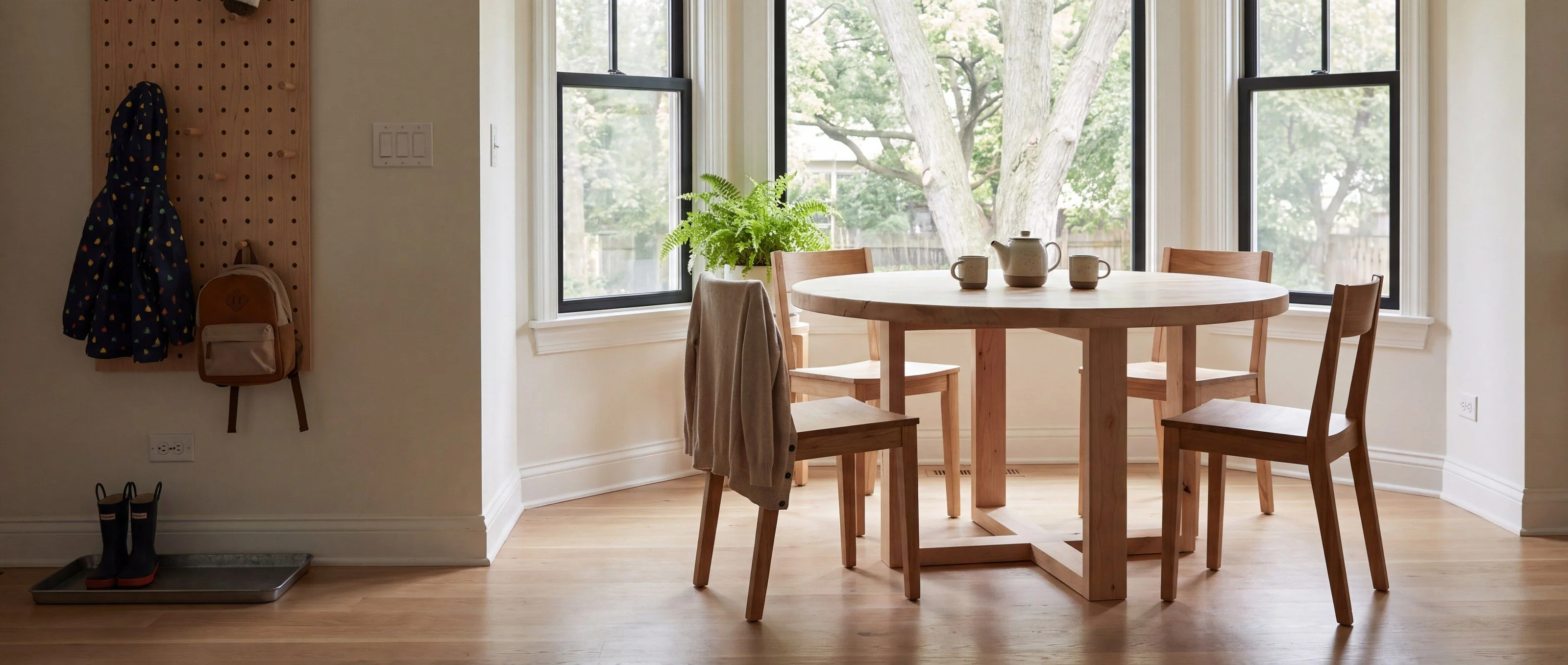 A rendering of a round table on an open-loop pedestal base, one of Rob's pieces, in a breakfast nook by a bay window.