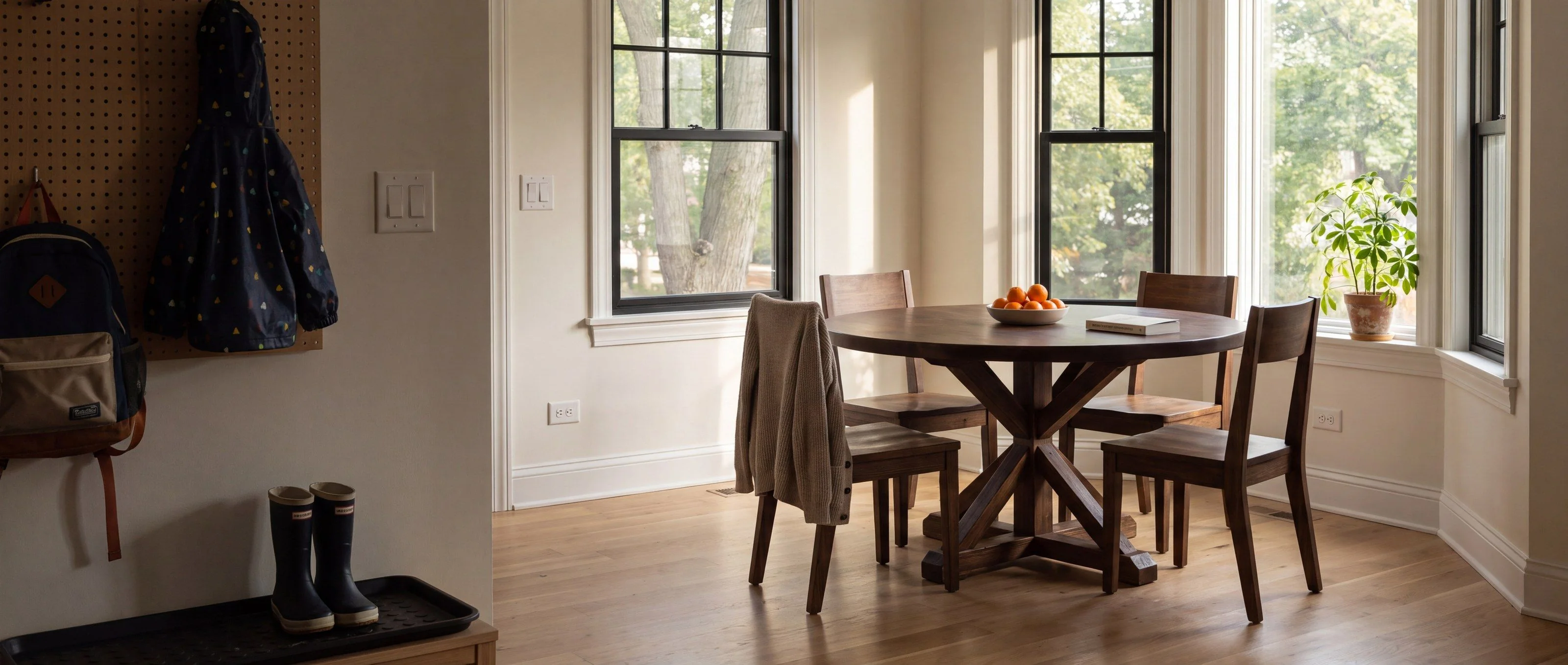 A rendering of a round dining table on a trestle-style pedestal, one of Rob's pieces, in a breakfast nook by a bay window.