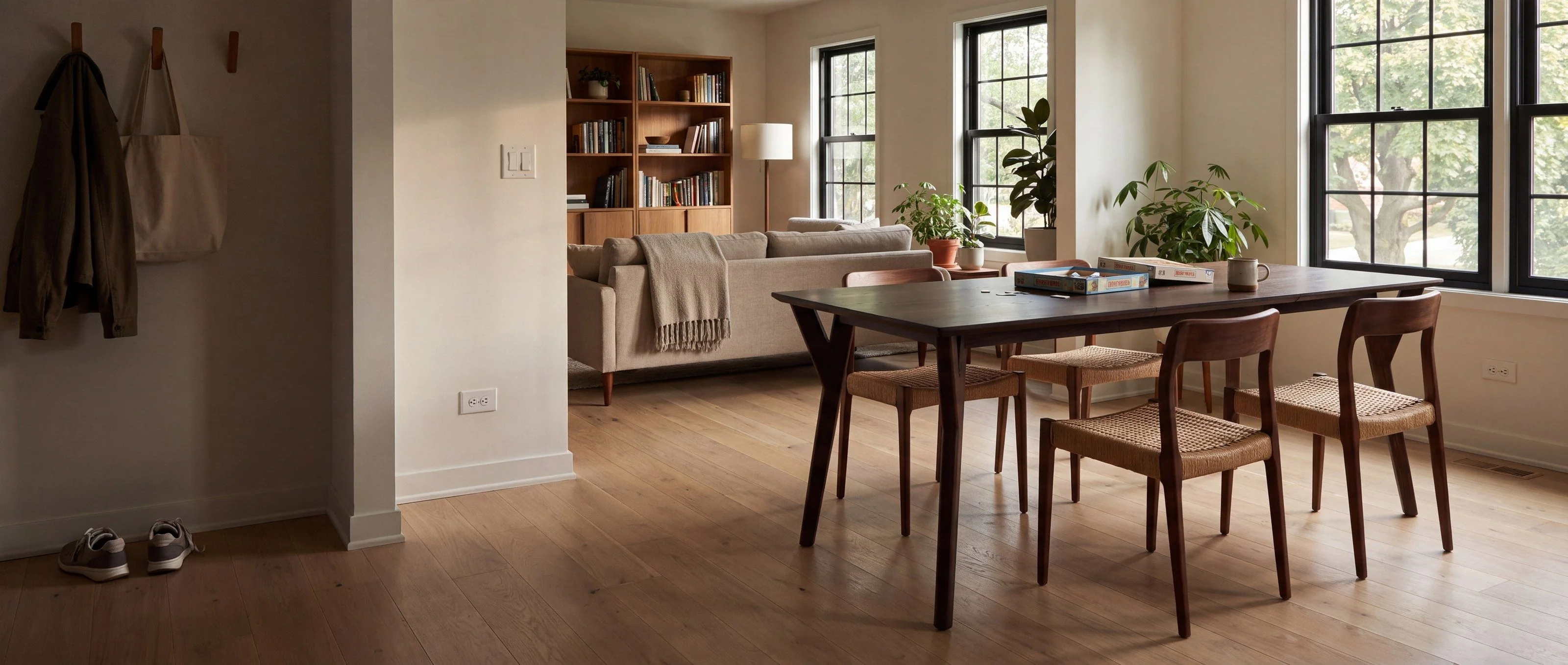 A rendering of a mid-century dining table on splayed legs, one of Rob's pieces, in an open-plan family room in daylight.