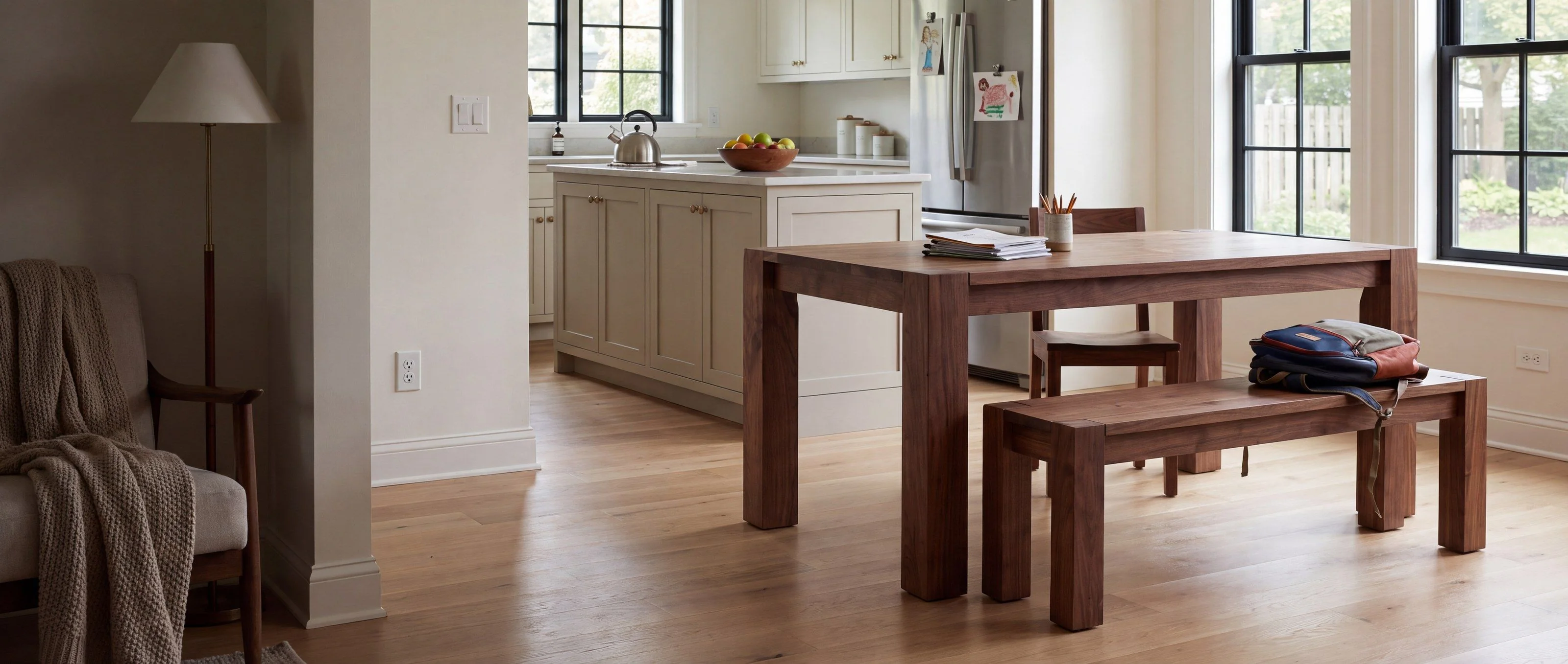 A rendering of a solid walnut dining table with a matching bench, one of Rob's pieces, in a sunny eat-in kitchen.