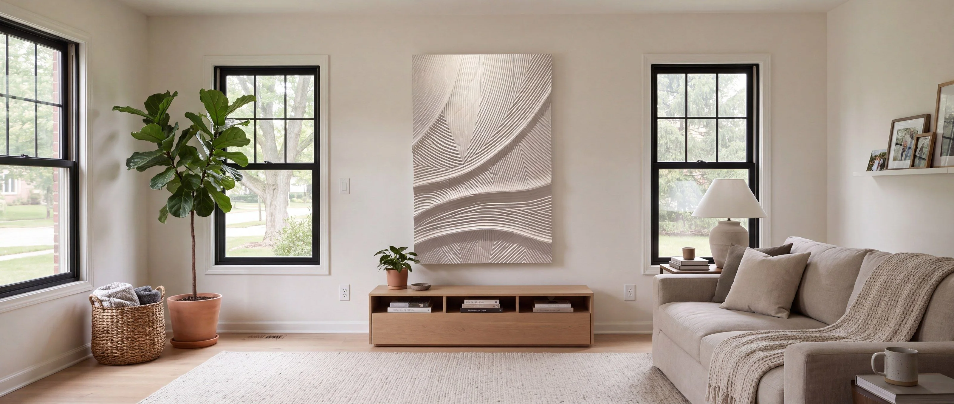 A rendering of a carved wave wall panel, finished white, hung in a living room in daylight.