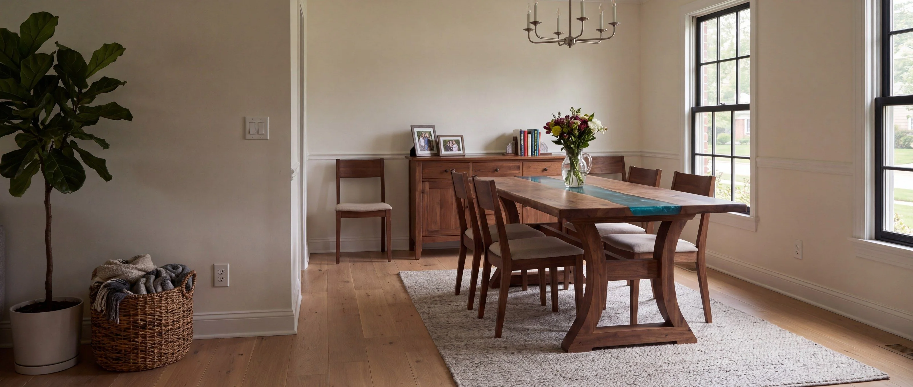 A rendering of a live-edge slab table with a single teal resin river, one of Rob's pieces, in a family dining room in daylight.
