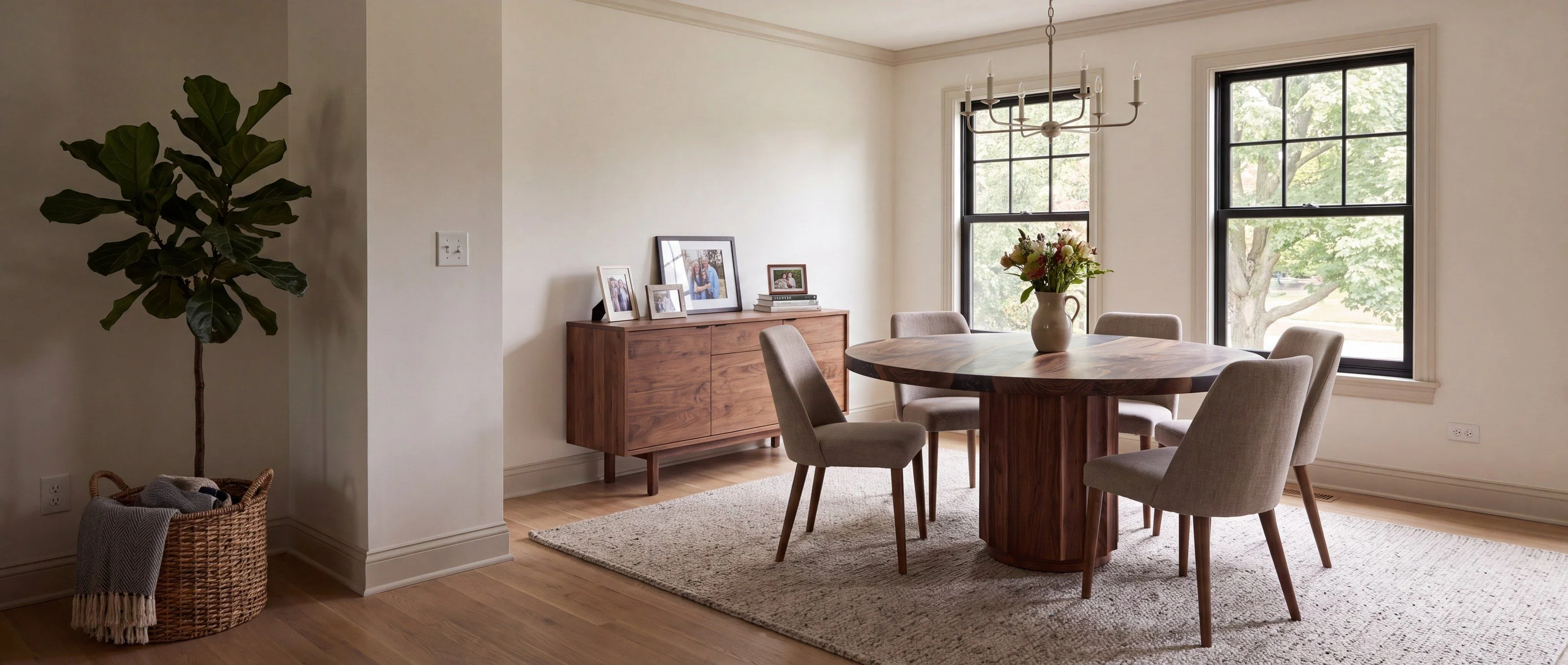 A rendering of a round walnut table with a black resin river on a fluted wooden drum pedestal, one of Rob's pieces, in a family dining room in daylight.