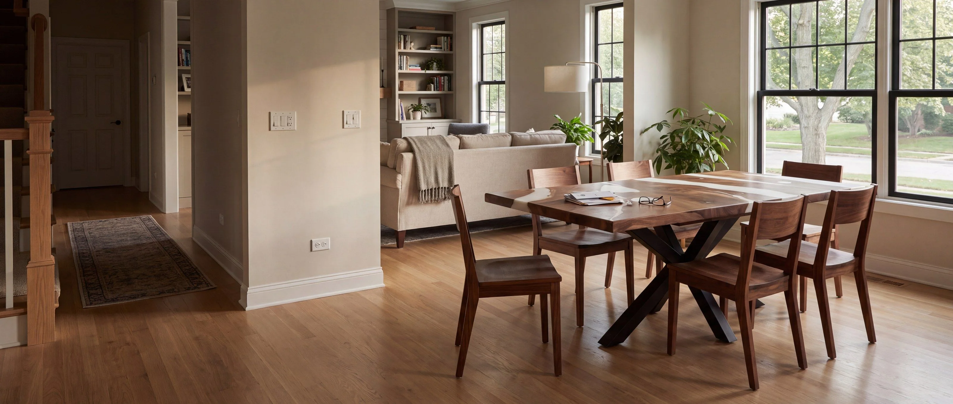 A rendering of a walnut table with white resin rivers on a steel spider base, one of Rob's pieces, in an open-plan family room in daylight.