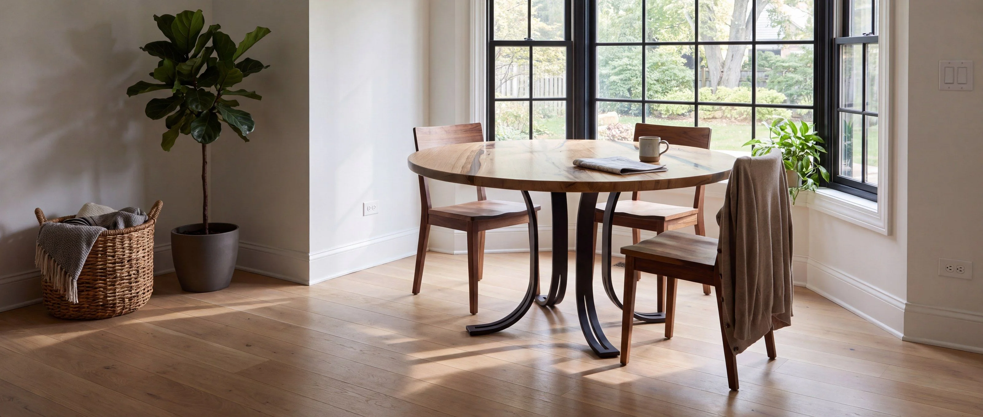 A rendering of a round figured-slab resin table on curved steel legs, one of Rob's pieces, in a breakfast nook by a bay window.