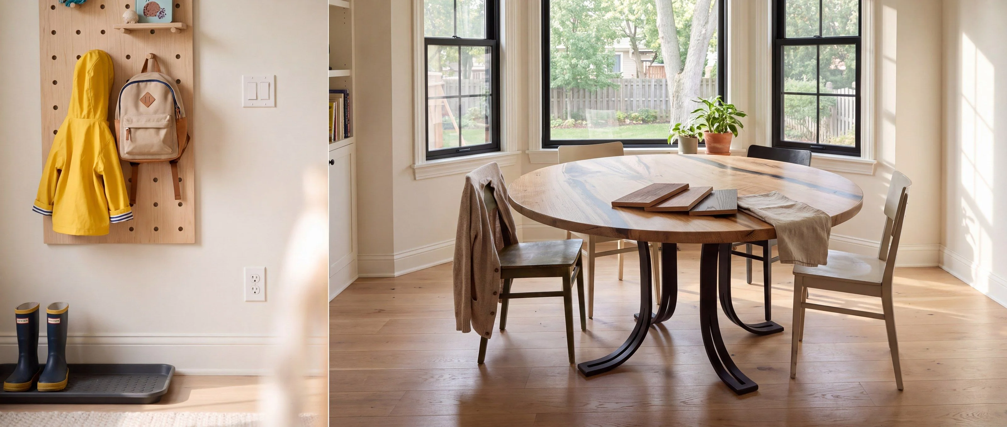 A rendering of a round figured-slab resin table on curved steel legs, one of Rob's pieces, in a breakfast nook by a bay window, with finish sample boards on the table.