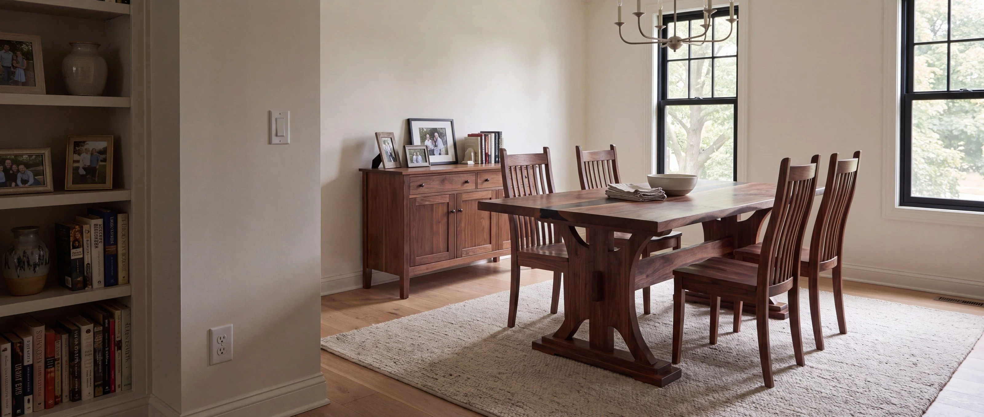 A rendering of the Regal Arc trestle dining table, one of Rob's pieces, in a family dining room in daylight.