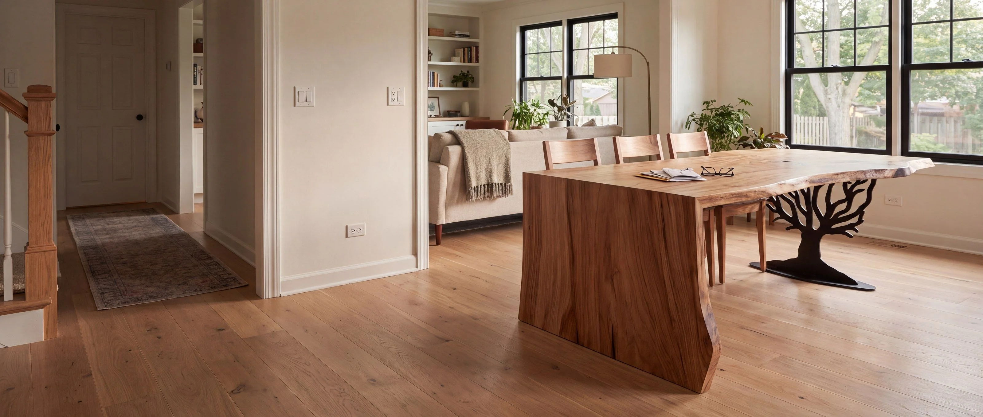 A rendering of a live-edge waterfall table with a steel tree base, one of Rob's pieces, in an open-plan family room in daylight.