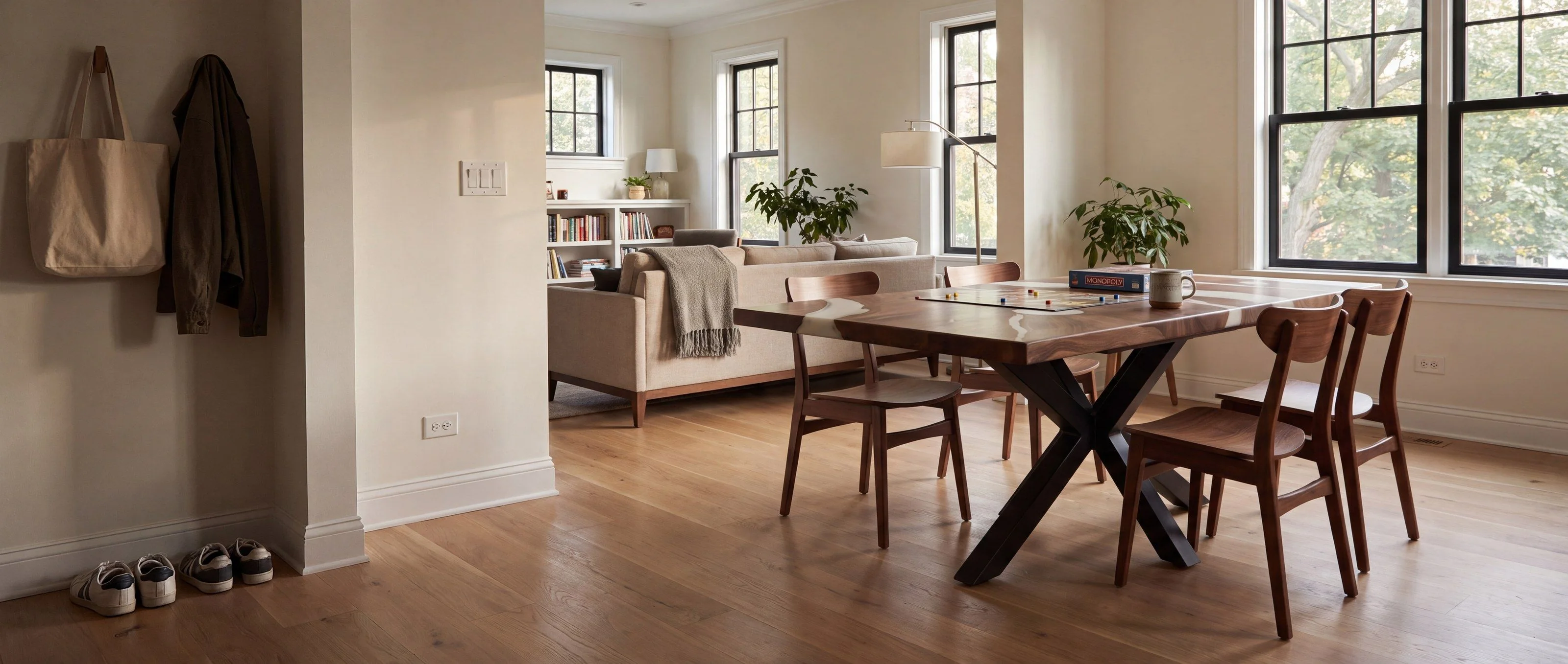 A rendering of a walnut table with white resin rivers on a steel spider base, one of Rob's pieces, in an open-plan family room in daylight.