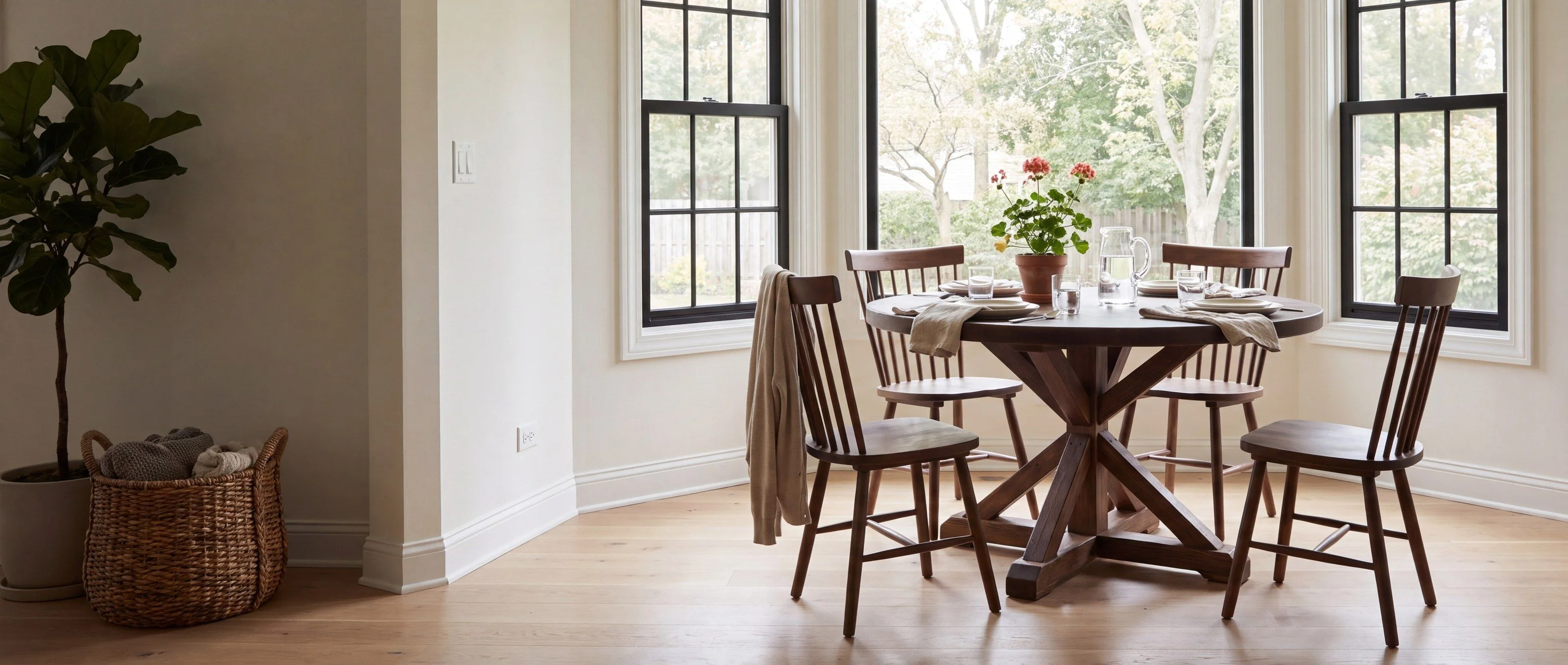 A rendering of a round dining table on a trestle-style pedestal, one of Rob's pieces, in a breakfast nook by a bay window, set for dinner.