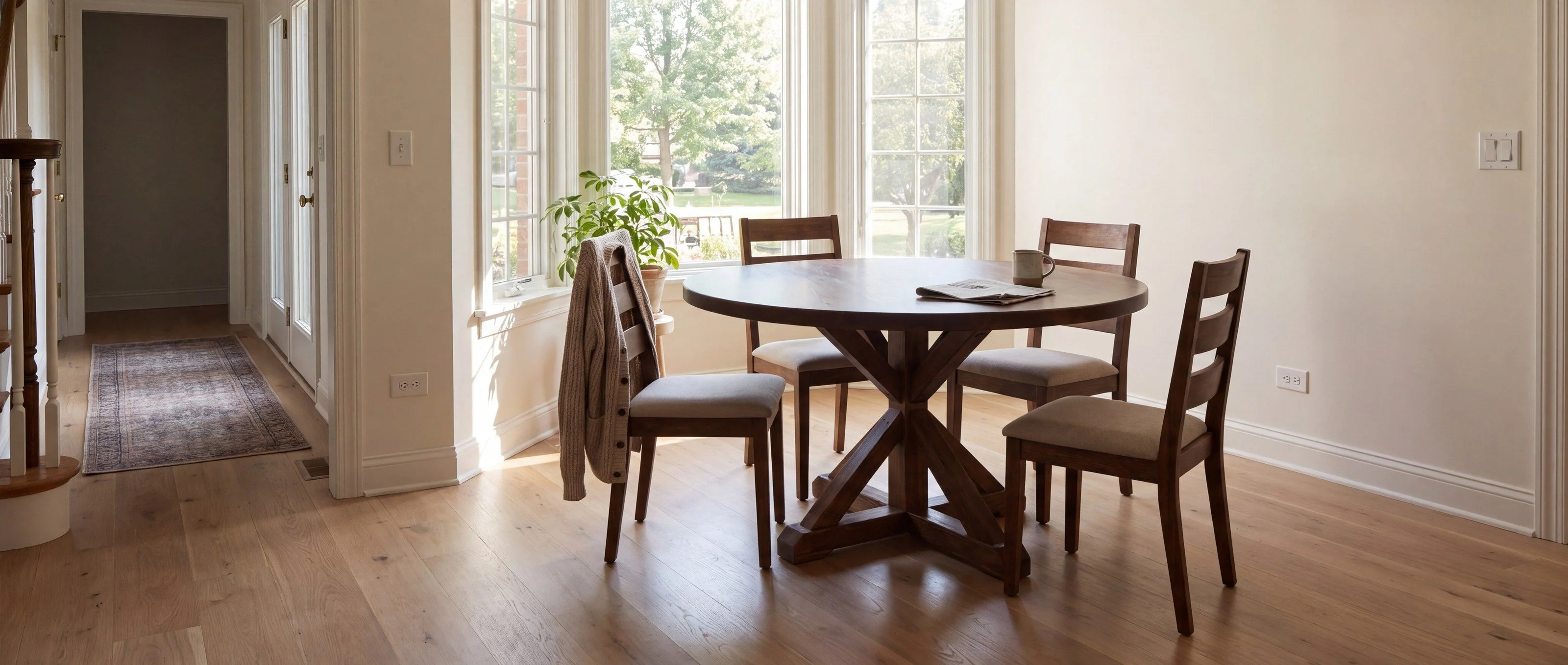 A rendering of a round dining table on a trestle-style pedestal, one of Rob's pieces, in a breakfast nook by a bay window.