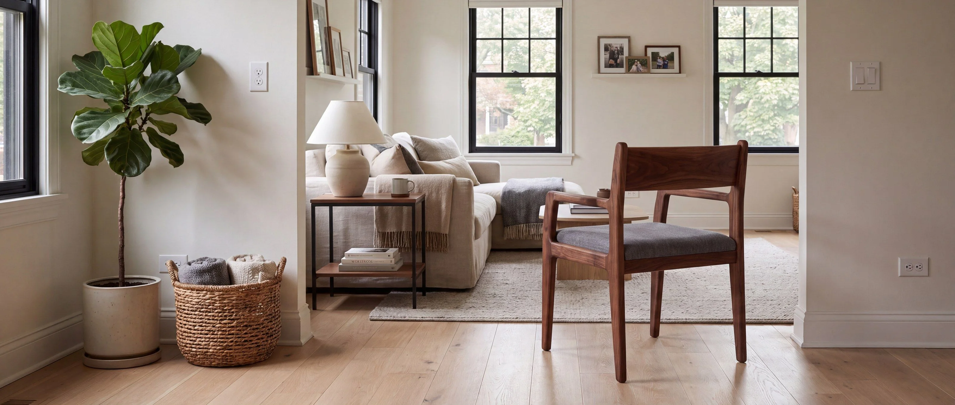 A rendering of a walnut armchair with a grey upholstered seat, one of Rob's pieces, in a living room in daylight.
