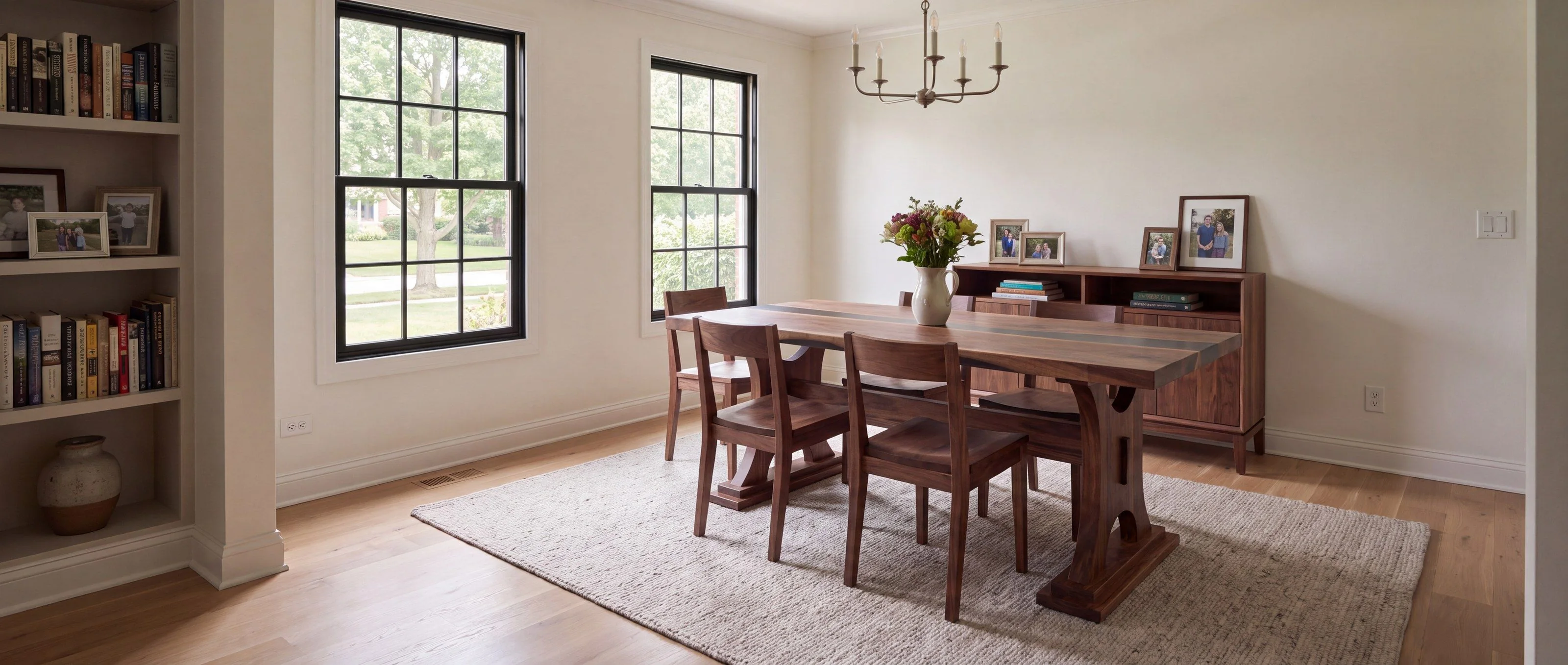 A rendering of a walnut table on a sculptural arched trestle base, one of Rob's pieces, in a family dining room in daylight.