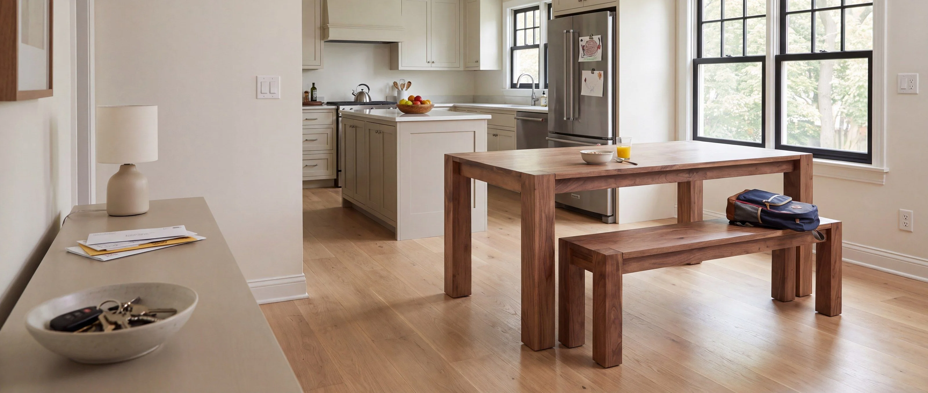 A rendering of a solid walnut dining table with a matching bench, one of Rob's pieces, in a sunny eat-in kitchen.