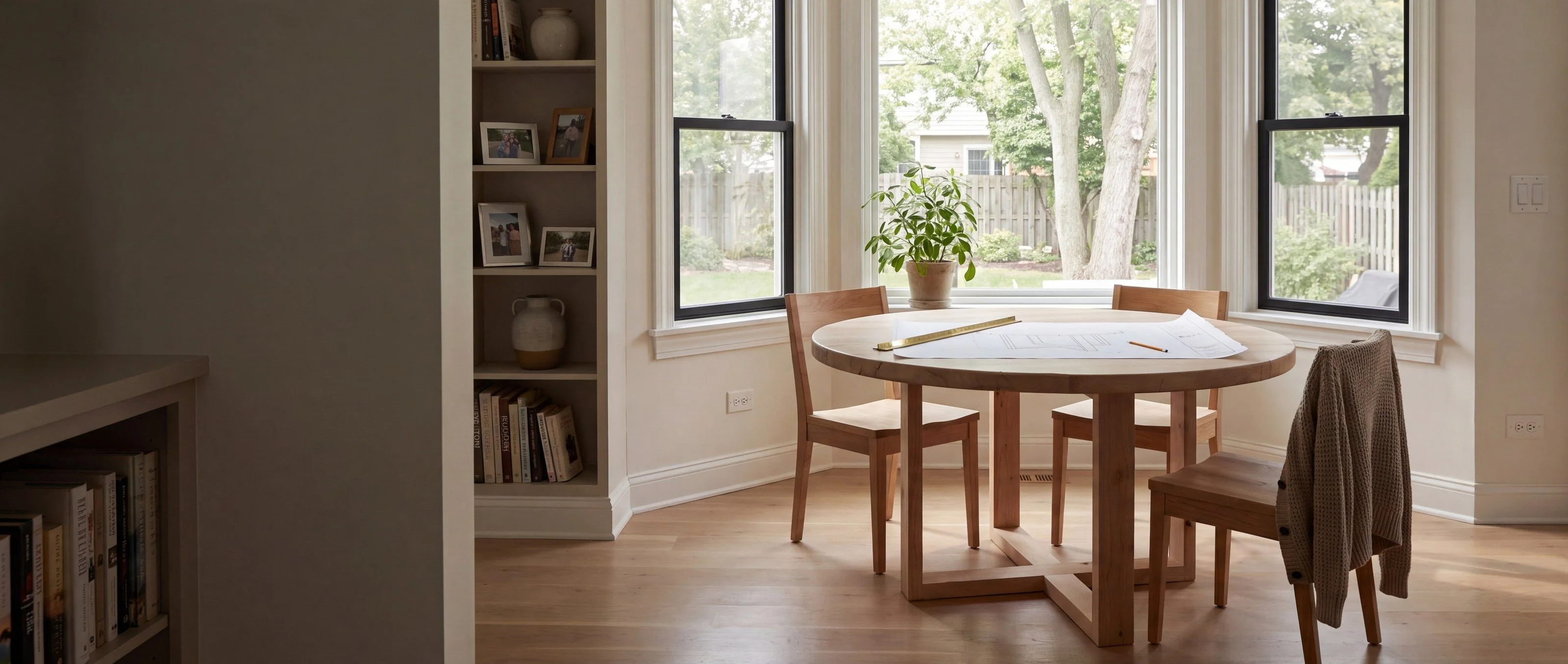 A rendering of a round table on an open-loop pedestal base, one of Rob's pieces, in a breakfast nook by a bay window, with a pencil drawing of a table laid on top.
