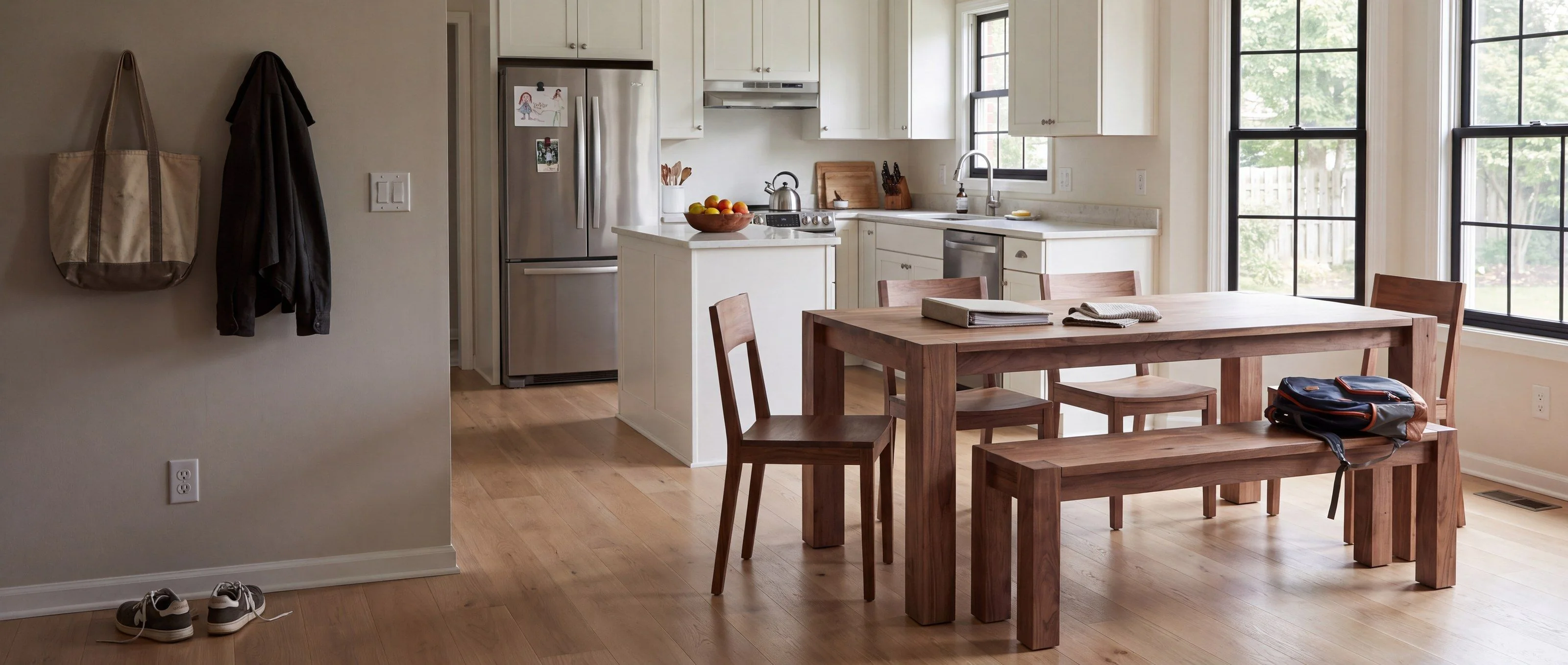 A rendering of a solid walnut dining table with a matching bench, one of Rob's pieces, in a sunny eat-in kitchen.