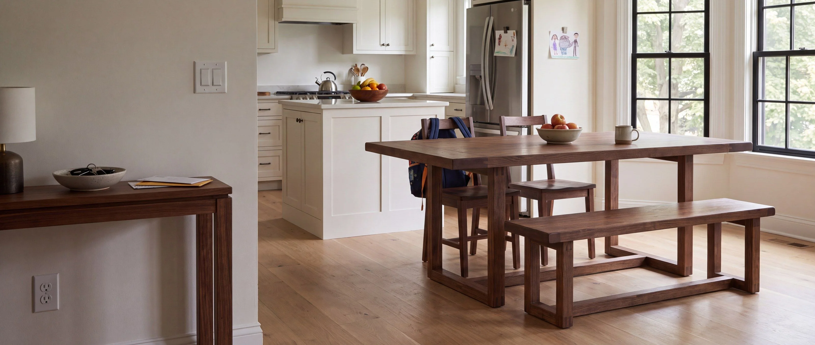A rendering of a dining table and bench on open-loop frames, one of Rob's pieces, in a sunny eat-in kitchen.