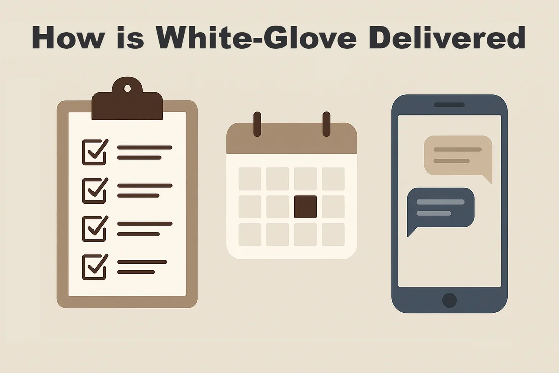 Illustration of white-glove delivery scheduling: a checklist clipboard, a calendar with one day marked, and a phone with text messages.