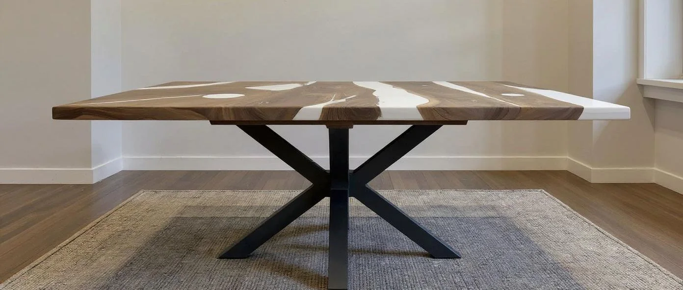 Custom walnut and white epoxy resin dining table on black X-base, handcrafted by Robert Russell Designs in Chicago, photographed against a dark studio wall.